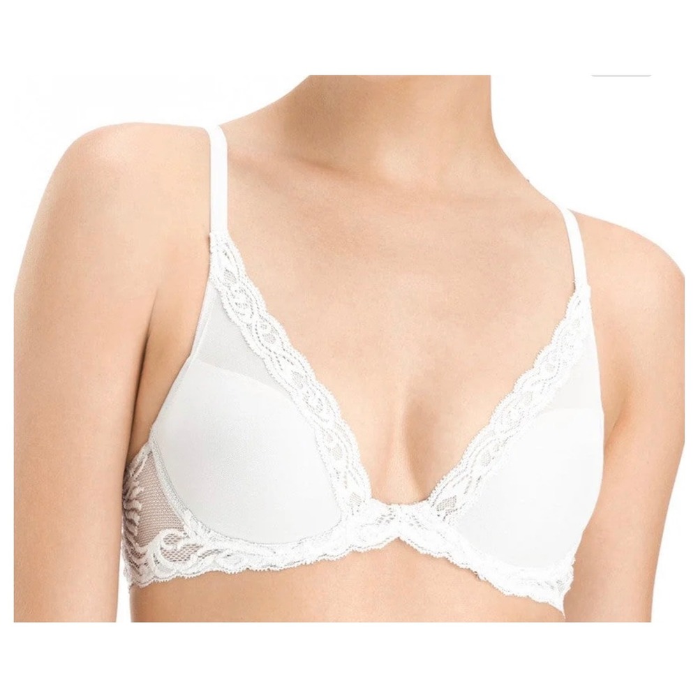 Natori Feathers Plunge T-Shirt Bra White Lace Underwire 24010 Size 32DD